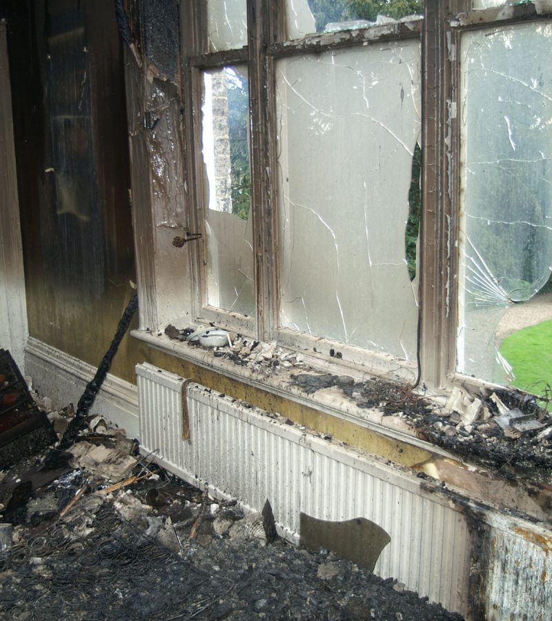fire damaged living room